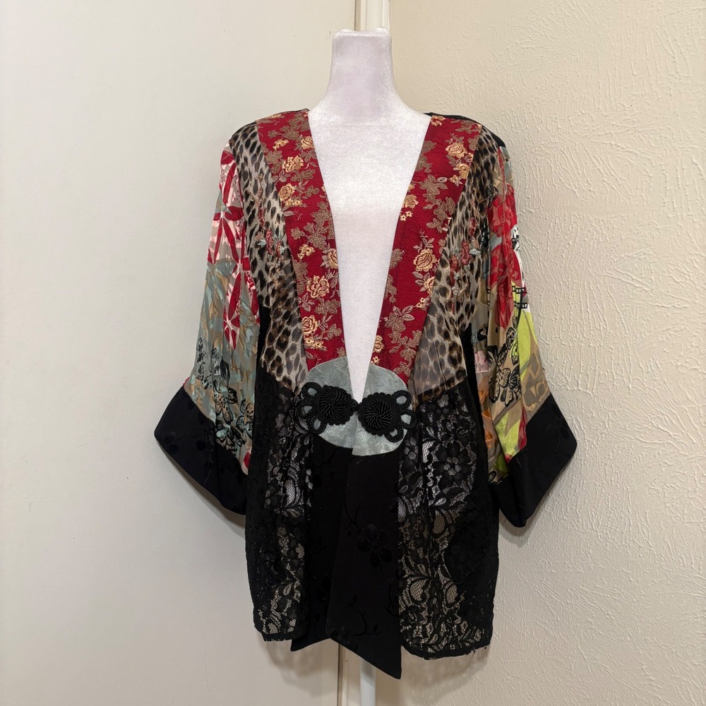 90s Patchwork Silk Lace Kimono Jacket Leopard Floral Lace Burnout Jaquard 1X